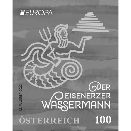 27497af20b960940f12430f1fb87278d88b4e03e.jpg Briefmarke Österreich 2022, Nominale 1,00 Euro: 'Der Eisenerzer Wassermann' mit Dreizack und abstraktem Design.