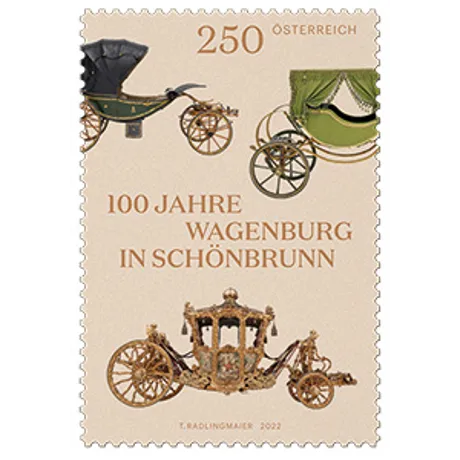 Briefmarke Österreich 2022, Nominale 2,50 Euro: '100 Jahre Wagenburg in Schönbrunn' mit historischen Kutschen.