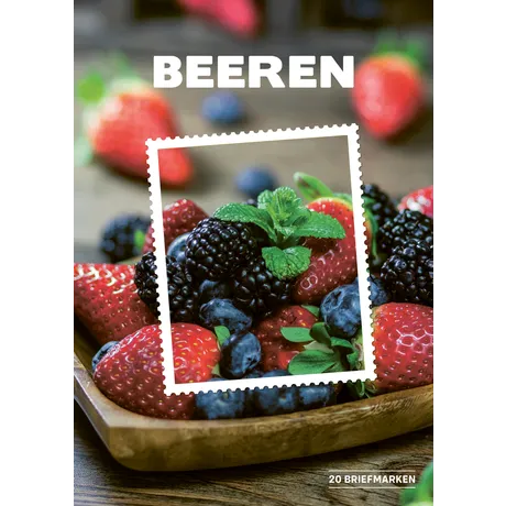 Various berries in a wooden bowl with mint leaf on top Part of Stamp Edition 20 Berries Austria year 2025 Austrian Post stamp sheet featuring berries: strawberries, blackberries, and blueberries, with 'Beeren' text.