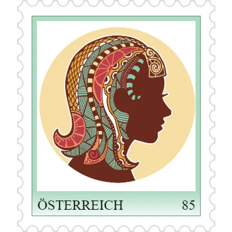 Austrian stamp 2023, nominal value 0.85 euros: colorful silhouette of a woman's head with artistic patterns.