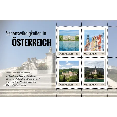 d5124392f2637852d8d655eeb161d90e927cd5fc.png Austrian Post 2023 stamp series 'Sights in Austria', €0.85 each: Leopoldskron Palace, Silberzeile, Hardegg Castle, Maria Wörth.