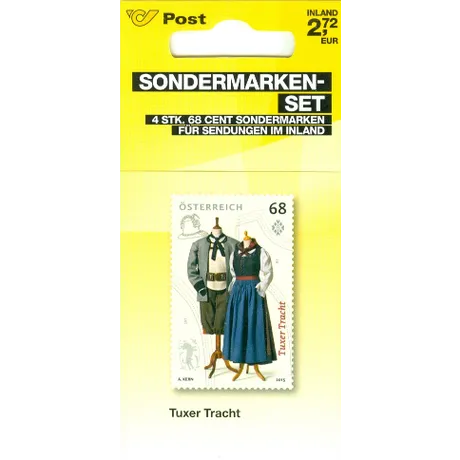 Sondermarken-Set der Österreichischen Post: 4 Marken zu je 68 Cent mit &#039;Tuxer Tracht&#039;, Ausgabejahr 2015.