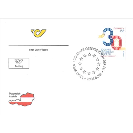 Ersttagsbrief mit Briefmarke „30 Jahre Österreich in der EU“ und Sonderstempel. Nominale 155, Österreich, Jahr 2025.