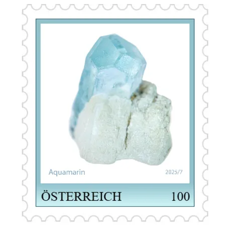 Serie Mineralien "Aquamarin" Stamp featuring the mineral aquamarine. Nominal value 100, Austria, year 2025