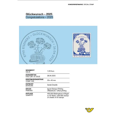 Sonderbriefmarke Österreich 2025, Nominale 1,00 €: 'Glückwunsch' mit Blumenvase, Ausgabetag 26.04.2025.