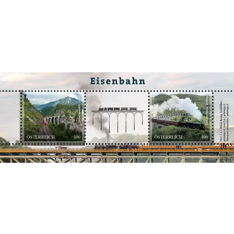 125682 ME2_2025_Eisenbahn_fW_shop Austrian Post stamp 2023, nominal value 1.00 Euro: Train viaducts in Switzerland and Scotland, theme 'Railways'.