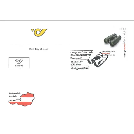 Ersttagsbrief mit Briefmarke Österreich 2025, Nominale 3,00 Euro: Swarovski Optik Fernglas, Design von Werner Hölbl.