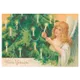 Nostalgische Weihnachtskarte zeigt Engel vor geschmücktem Tannenbaum mit Kerzen und Girlanden warme Farbtöne klassischer Retro-Stil Text Fröhliche Weihnachten unten links