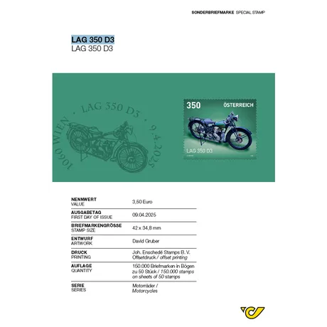 Screenshot 2025-02-27 150325 Austrian Post stamp 2025, nominal value 3.50 euros: LAG 350 D3 motorcycle on green background.