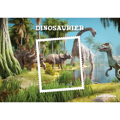 Briefmarken Österreich 2023: Dinosaurier in prähistorischer Landschaft, 8 Briefmarken mit verschiedenen Dinosaurierarten.