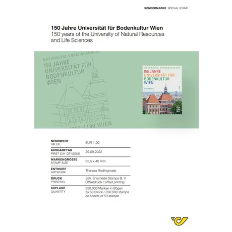 Austrian Post stamp 2022, €1.90: 150 years of the University of Natural Resources and Life Sciences, Vienna.