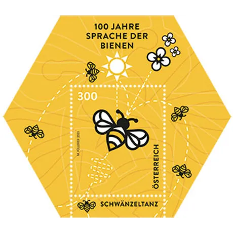 b8af4e991c1ca49d16ad03a4381426831adb72ae.jpg Austrian stamp 2023, nominal value 3.00 euros: '100 Years of Bee Language' with a bee and waggle dance motif.