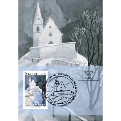 9475e3349751d585edfca6e533691bbbf523f626.jpg Austrian Post 2023 Christmas stamp, €1.00: snowy church scene, first day cover with Innsbruck postmark.