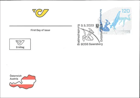 First day cover with Austrian Post stamp 'Austria 2023, Nominal 1.20 Euro: Pole Vault' and postmark from Seiersberg.