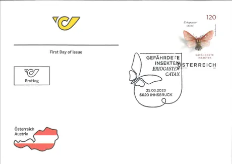 First day cover with Austrian Post stamp 'Austria 2023, 1.20 Euro: Endangered Insects - Eriogaster catax'.