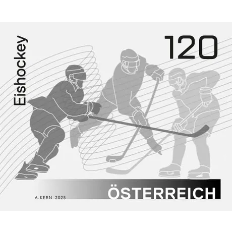 Briefmarke Österreich 2025, Nominale 1,20 Euro: Eishockeyspieler in Aktion, modernes Design in Grautönen.