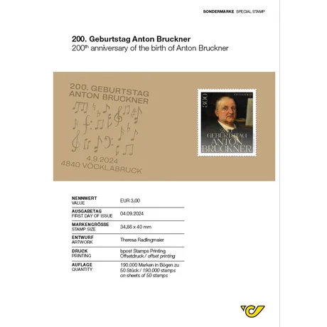 Briefmarke Österreich 2024, Nominale 3,00 €: 200. Geburtstag Anton Bruckner, mit seinem Porträt.