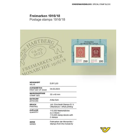 Austrian Post special stamp block 'Freimarken 1916/18', issued 04.03.2023, with two stamps: 250 and 100 nominal values.
