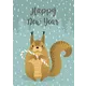 Postcard Happy New Year shows stylized squirrel holding candy cane on winter background with snowfall and fir trees modern illustration in warm brown tones and cool blue text Happy New Year at top Postcard Happy New Year shows stylized squirrel holding candy cane on winter background with snowfall and fir trees modern illustration in warm brown tones and cool blue text Happy New Year at top