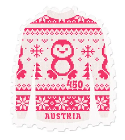 Briefmarke in Form eines gestrickten Pullovers mit Pinguinmotiv, Schneeflocken und Tannenbäumen, Aufschrift ‚AUSTRIA‘ und Wert ‚450‘. Briefmarke in Form eines gestrickten Pullovers mit Pinguinmotiv, Schneeflocken und Tannenbäumen, Aufschrift ‚AUSTRIA‘ und Wert ‚450‘.