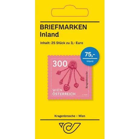 Briefmarkenset der Österreichischen Post: 25 Stück zu 3,00€; Motiv: Kragenbrosche Wien, rosa Hintergrund, Nominale 300.