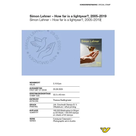 "Simon Lehner – How far is a lightyear?, 2005–2019" Abhandlung Austrian stamp 2025, nominal value 3.10 euros: Simon Lehner's artwork 'How far is a lightyear?' with a bird in hand.