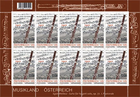 8af3218dc9836a7a2c2e59070a2498a44c587665.png Briefmarkenblock Österreich 2023, Nominale 1,20 Euro: Thema 'Musikland Österreich' mit Fagott und Notenblatt.
