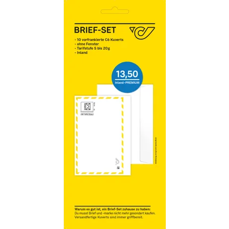 Austrian Post Brief-Set: 10 prepaid C6 envelopes, no window, for domestic mail up to 20g, priced at €13.50.