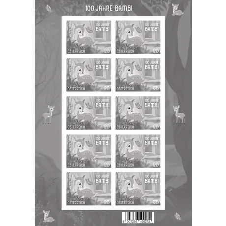 Briefmarkenblock der Österreichischen Post '100 Jahre Bambi', 2023, Nominale 1,20 €, mit Rehkitz im Waldmotiv.