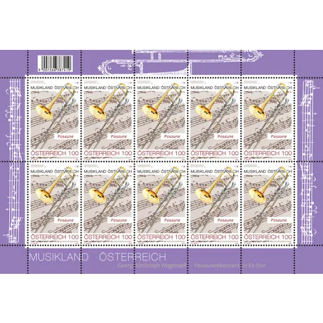 09d8f1a3c2c350b6d78b2bf651725e281e1ae0ca.jpg Briefmarkenblock Österreich 2010, Nominale 1,00 Euro: Thema 'Musikland Österreich' mit Posaune und Notenblatt.