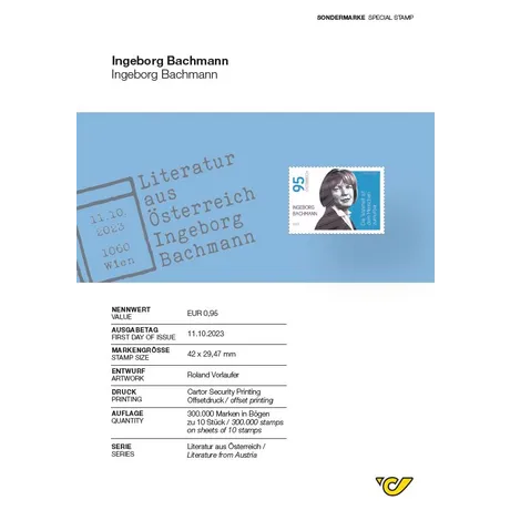 de9a58bd82b19ec16adc2f93c2bbb22ce3d92c53.jpg Sondermarke Österreich 2023, Nominale 0,95 €: Ingeborg Bachmann, Serie Literatur aus Österreich, blauer Hintergrund.