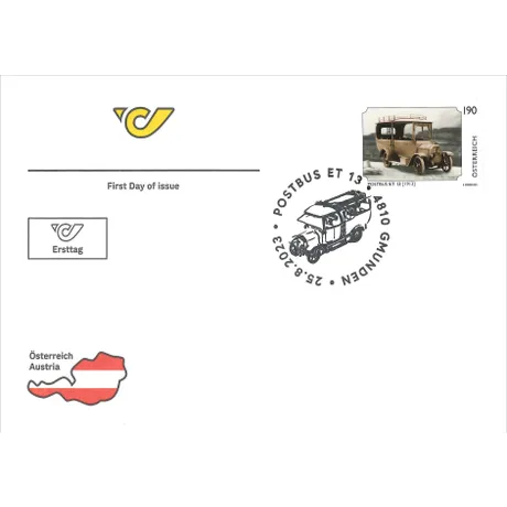 908f40b3283910997c5e53bd420b0b43cee3503c.jpg First Day Cover with Austrian Post stamp 2023, €1.90: Postbus ET 13 (1913), special postmark Gmunden.