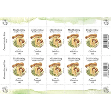 Miniature sheet with ten stamps of mushroom Lactifluus volemus. Nominal 100, Austria, year 2015. Miniature sheet with ten stamps of mushroom Lactifluus volemus. Nominal 100, Austria, year 2015.