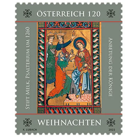 Briefmarke Österreich 2022, Nominale 1,20 Euro: Weihnachtsthema, Anbetung der Könige, Stift Melk Psalter, um 1260.