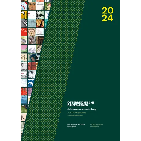 JZ24-Cover large Titelbild der Jahreszusammenstellung 2024 der Österreichischen Post mit Briefmarkenmotiven und grün-gelbem Design.