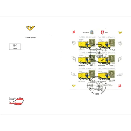 143a3837eb19165a58c0b37ce341245ad8e95b52.jpg Ersttagsbrief der Österreichischen Post mit Briefmarkenblock 2022, 'Tag der Briefmarke,' mit gelben Postfahrzeugen.