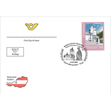 First day cover with Austrian Post stamp 2023, 1.00 Euro: Mariastein Pilgrimage Church, and special postmark.