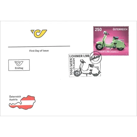 First day cover with Austrian Post stamp 2024, 2.50 Euro: Lohner L98 scooter, green on pink background.