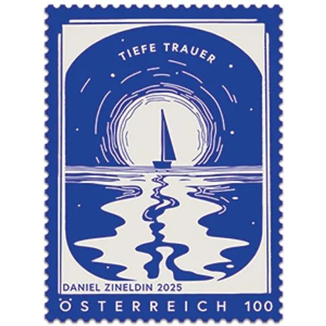 225130-Trauer-2025-ONLINESHOP Briefmarke Österreich 2025, Nominale 1,00 Euro: 'Tiefe Trauer' mit Segelboot und mondbeschienenem Wasser in Blau.