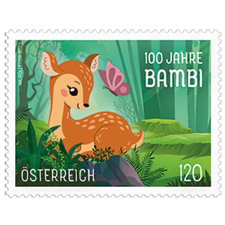 960989e653bf9eccc92a41b6b77d1379c74f483e.jpg Austrian stamp 2023, nominal value 1.20 euros: 100 Years of Bambi, featuring a fawn and butterfly in a forest.