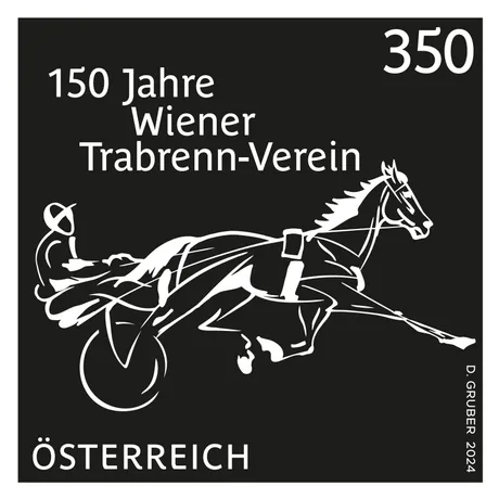 Austrian stamp 2024, nominal value 3.50 euros: 150 years of the Vienna Trotting Club, horse and driver illustration.