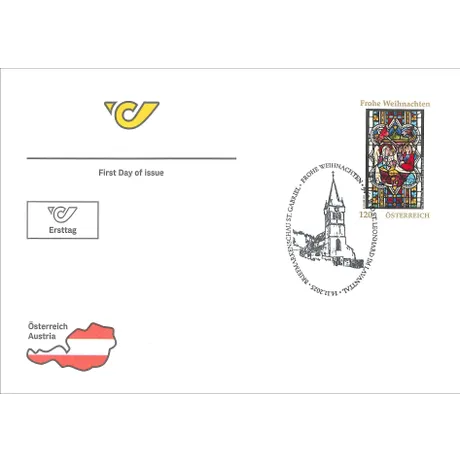 Ersttagsbrief mit Weihnachtsbriefmarke Geburt Christi, Pfarrkirche St. Leonhard. Motiv zeigt Glasfenster mit Heiliger Familie. Nominale 1,20 Euro, Österreich, Ausgabetag 14. November 2025. Sonderstempel mit Kirchturm und Schriftzug Frohe Weihnachten. Ersttagsbrief mit Weihnachtsbriefmarke Geburt Christi, Pfarrkirche St. Leonhard. Motiv zeigt Glasfenster mit Heiliger Familie. Nominale 1,20 Euro, Österreich, Ausgabetag 14. November 2025. Sonderstempel mit Kirchturm und Schriftzug Frohe Weihnachten.