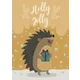 Postcard Holly Jolly shows stylized hedgehog holding a gift on golden background with stars and decorative branches modern illustration in warm tones text Holly Jolly at top Postcard Holly Jolly shows stylized hedgehog holding a gift on golden background with stars and decorative branches modern illustration in warm tones text Holly Jolly at top