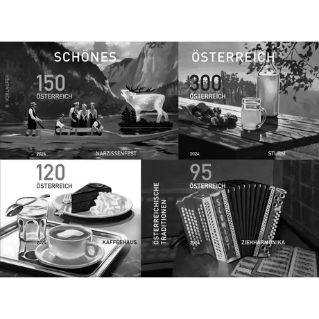 Vier Briefmarken der Österreichischen Post 2024: Narzissenfest (1,50 €), Sturm (3,00 €), Kaffeehaus (1,20 €), Ziehharmonika (0,95 €).