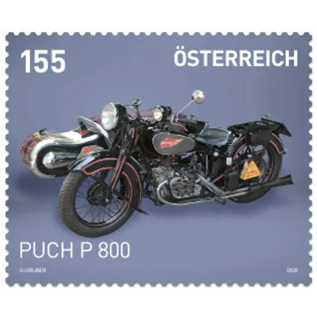 Die Puch P 800 war das stärkste Puch-Motorrad und auch für die Verwendung mit Beiwagen gut geeignet. Österreichische Sonderbriefmarke mit dem Wert 155. Abgebildet ist das historische Motorrad Puch P 800 mit Seitenwagen auf blauem Hintergrund.“