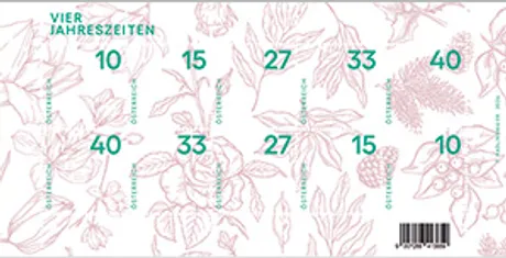 Austrian Post stamp sheet 'Four Seasons' 2023 with floral and seasonal motifs, various nominal values.