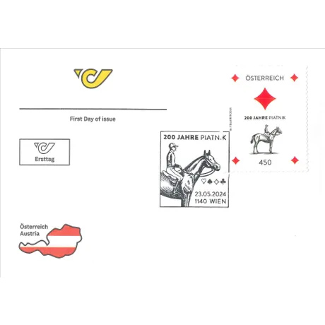 First day cover with Austrian Post stamp '200 Years Piatnik, 2024, 4.50 Euro' featuring a horse and rider.