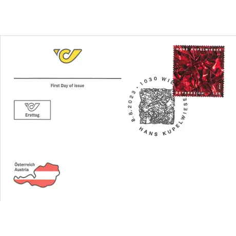 First day cover with Austrian Post stamp 2023, €1.20: Hans Kupelwieser artwork, red crumpled texture.