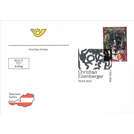 First day cover with Austrian Post stamp 'Austria 2022, Nominal 1.80 Euro: Christian Eisenberger artwork'.