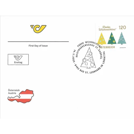 First day cover featuring Austria’s Christmas stamp with three stylized Christmas trees in yellow, green, and blue, text ‘Frohe Weihnachten!’, denomination €1.20, and a circular postmark dated 14 November 2025 from Bad St. Leonhard im Lavanttal.